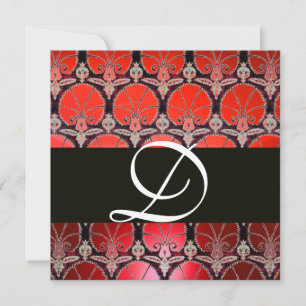 RED WHITE BLACK  DAMASK CARNATIONS MONOGRAM INVITATION