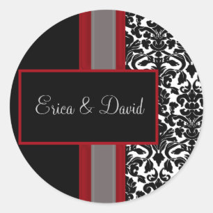 Red White Black Damask Wedding Invitations Classic Round Sticker