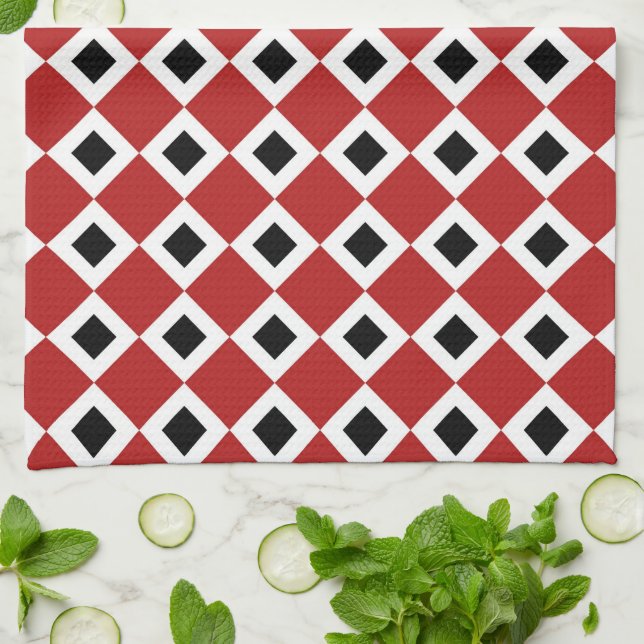 Red, White, Black Diamond Pattern Tea Towel (Folded)