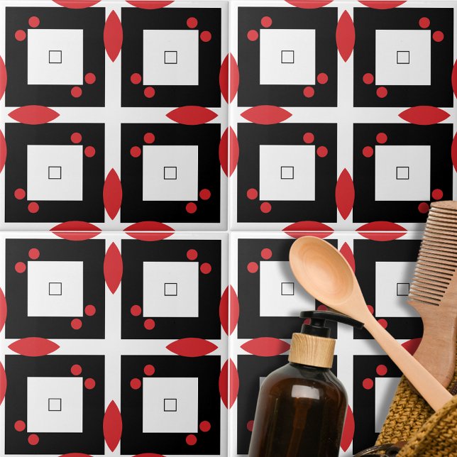 Red White Black Dots and Squares Geometric Pattern Ceramic Tile (Creator Uploaded)