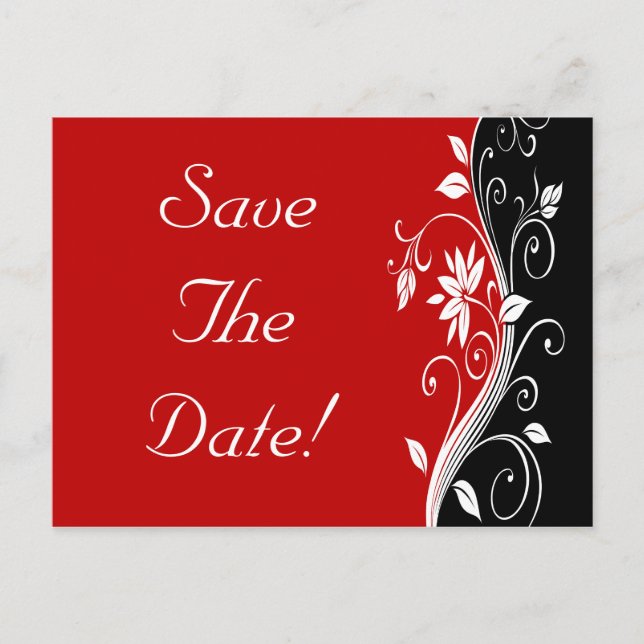 Red  White & Black Floral Wedding Save The Date Announcement Postcard (Front)