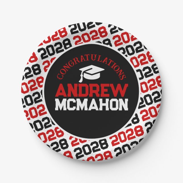Red, White & Black Graduation Personalised Paper Plate (Front)