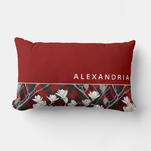 Red White Black & Gray Floral   Name Keepsake Lumbar Cushion
