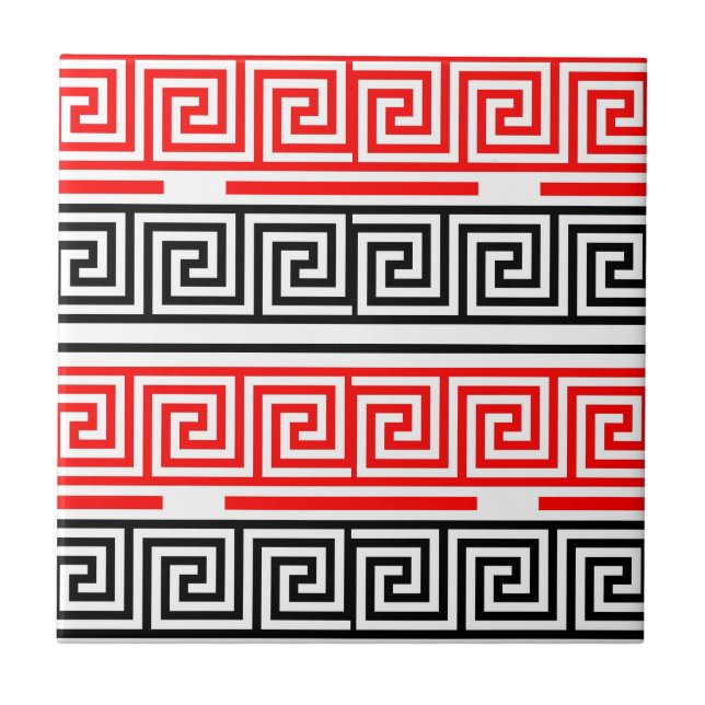 Red White Black Greek Key Fret Pattern Design  Ceramic Tile (Front)
