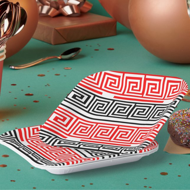 Red White Black Greek Key Fret Pattern Design  Paper Plate (Creator Uploaded)