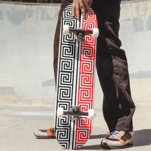 Red White Black Greek Key Fret Pattern Design Skateboard