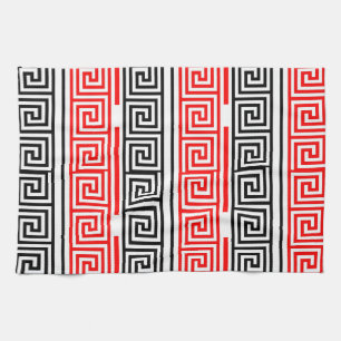 Red White Black Greek Key Fret Pattern Design  Tea Towel