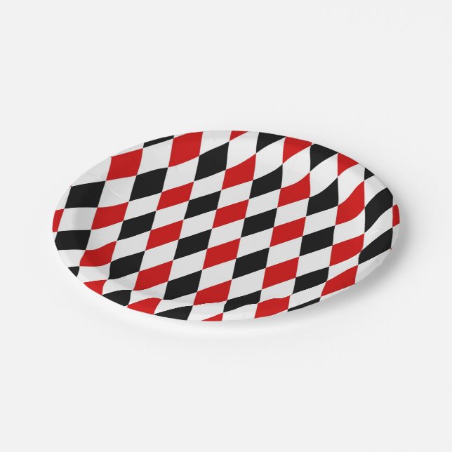 Red White Black Harlequin Diamond Pattern Paper Plate (Angled)