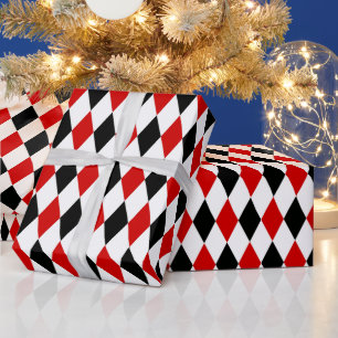 Red White Black Harlequin Diamond Pattern Wrapping Paper