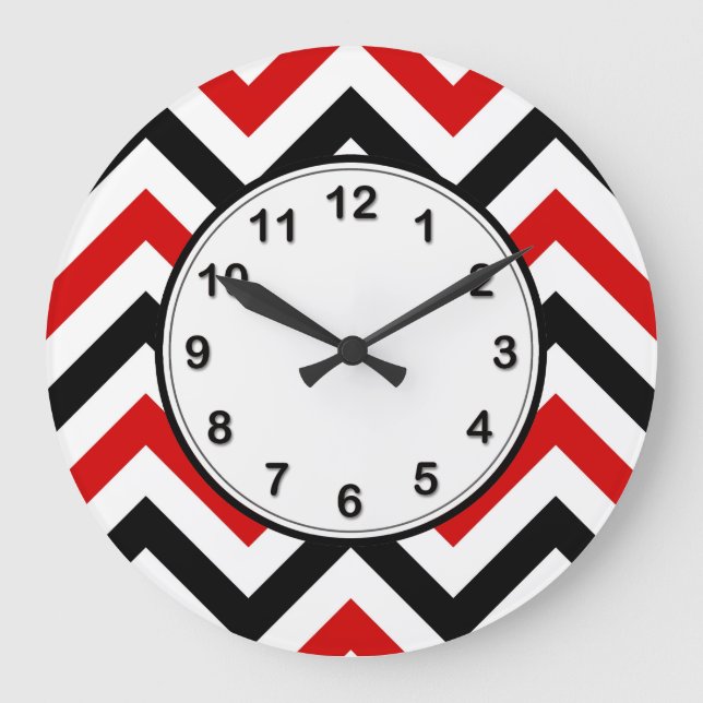 Red, White, Black Large Chevron ZigZag Pattern Clock (Front)