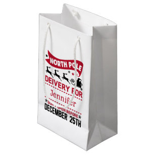 Red & White Black North Pole SANTA Delivery Name  Small Gift Bag