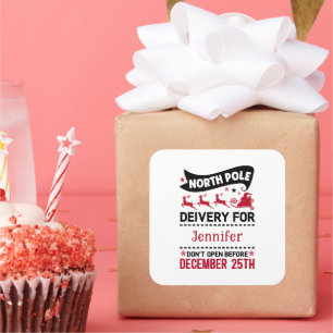 Red & White Black North Pole SANTA Delivery Name   Square Sticker