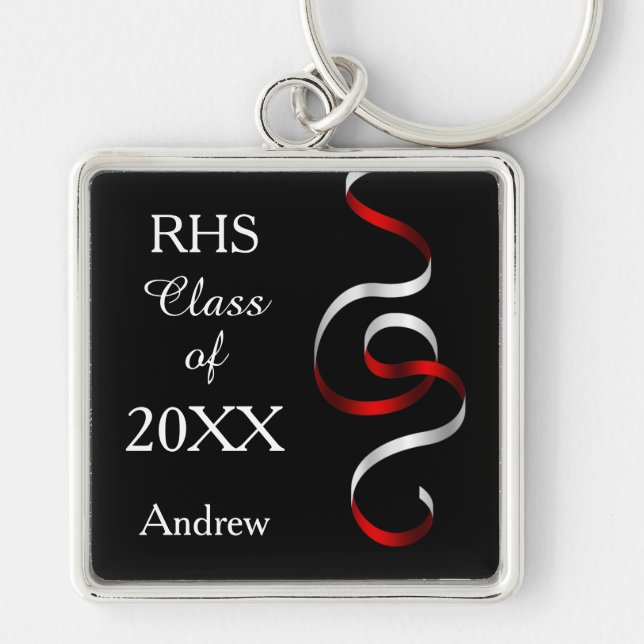 Red White Black Ribbon Swirl Graduation Key Ring (Front)