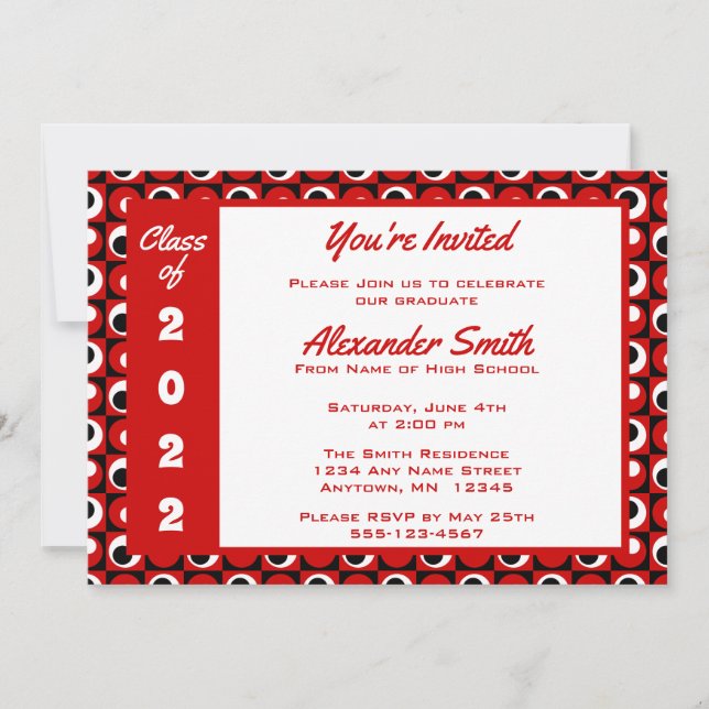 Red White Black Square Dot Border Graduation Party Invitation (Front)