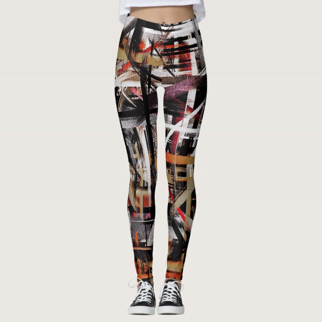 Red White Black White Abstract Painting #2 Leggings (Front)