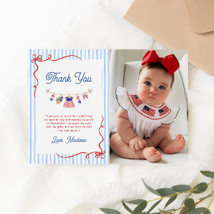 Red, White & Blue 4th of July 1st Birthday Photo Thank You Card