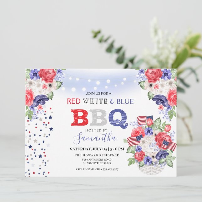 Red White & Blue 4th of July BBQ Invitation (Standing Front)