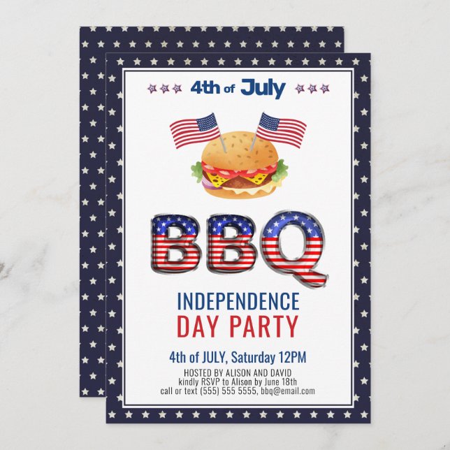 Red White Blue 4th of JULY BBQ Party Invitation (Front/Back)
