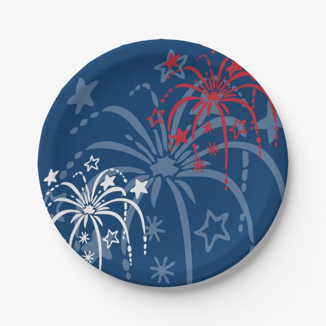 Red White & Blue 4th of July Fireworks Paper Plate (Front)