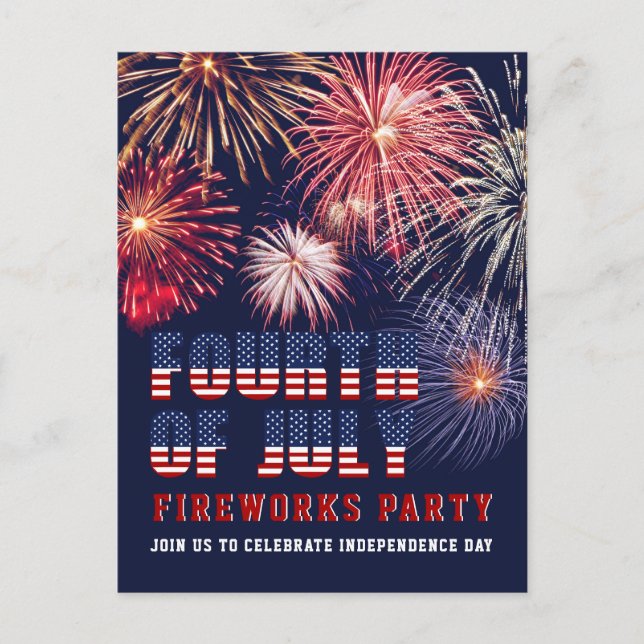 Red White Blue 4th of July Fireworks Party Invitation Postcard (Front)