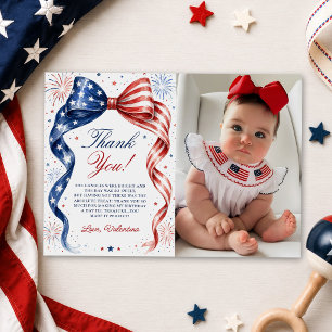 Red White & Blue 4th of July Girl Birthday Photo Thank You Card