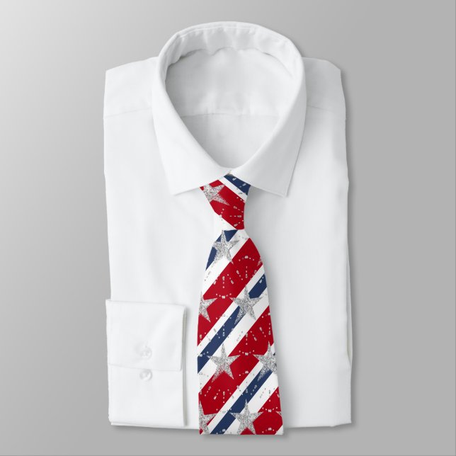 Red White & Blue 4th of July Large Star Spangled Tie (Tied)