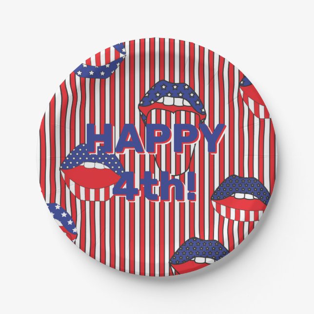 Red White Blue American Flag Mouth Paper Plate (Front)