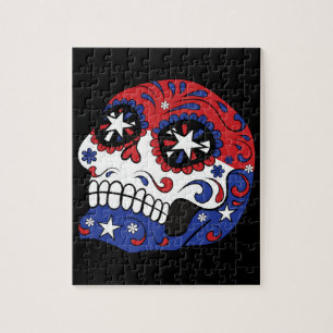 Red White Blue American Flag Patriotic Sugar Skull Jigsaw Puzzle