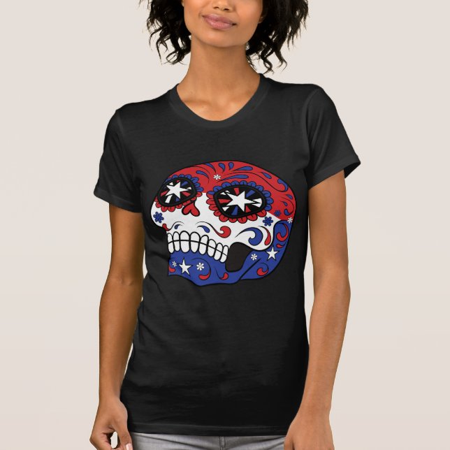 Red White Blue American Flag Patriotic Sugar Skull T-Shirt (Front)