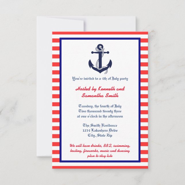 Red White & Blue Anchor - 3x5 Party Invitation (Front)