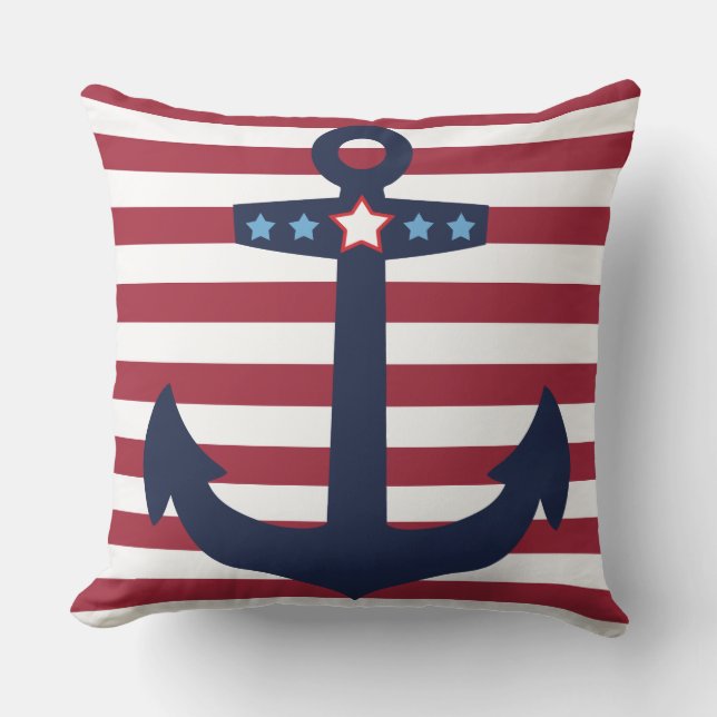 Red, White, Blue Anchor | Bold Red Stripe Nautical Cushion (Front)
