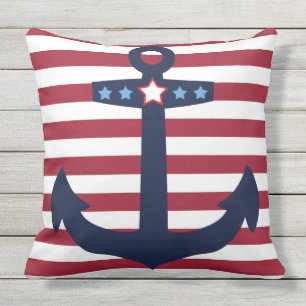 Red, White, Blue Anchor   Bold Red Stripe Nautical Cushion