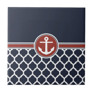 Red White Blue Anchor Moroccan Lattice Ceramic Tile