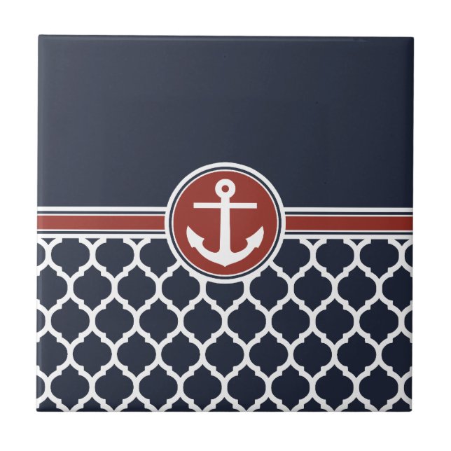 Red White Blue Anchor Moroccan Lattice Ceramic Tile (Front)