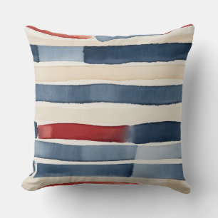 Red White blue and beige Abstract stripes Cushion