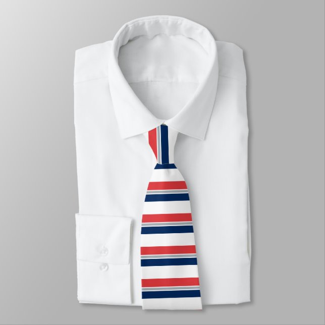 Red White Blue and Silver Horizontally-Striped Tie (Tied)