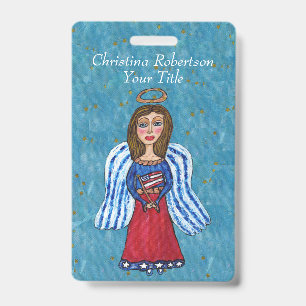 Red White Blue Angel American Flag Gold Stars ID Badge