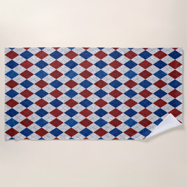 Red, White, Blue Argyle July 4 Glitter Beach Towel (Front)