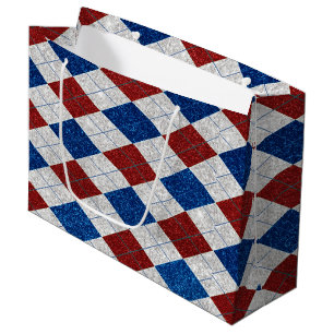 Red, White, Blue Argyle July 4 Glitter Large Gift Bag