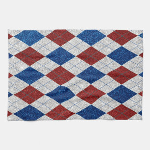 Red, White, Blue Argyle July 4 Glitter Tea Towel