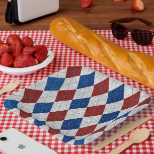 Red, White & Blue Argyle July 4th Glitter Paper Plate