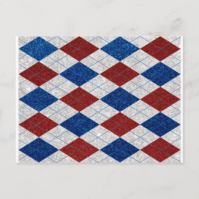 Red, White & Blue Argyle July 4th Glitter Postcard (Front)