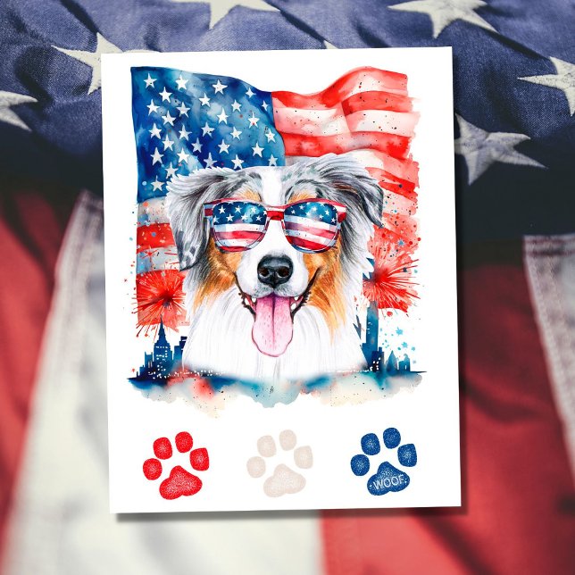Red White Blue Australian Shepherd Dog 4th of July Holiday Postcard (Creator Uploaded)