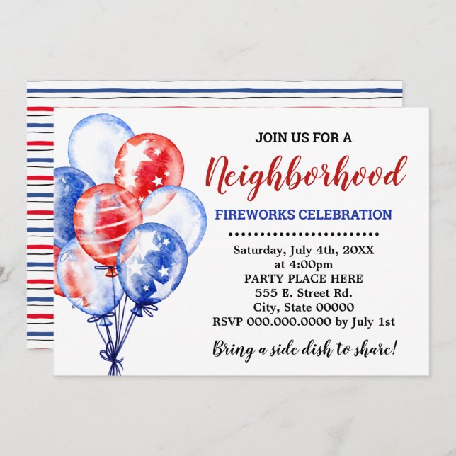 Red White & Blue Balloons Neighbourhood Party Invitation (Front/Back)