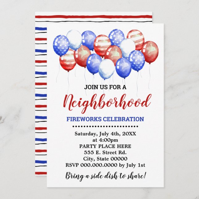 Red White & Blue Balloons Neighbourhood Party Invitation (Front/Back)