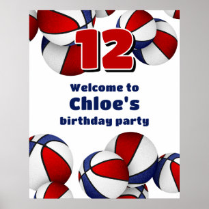 red white blue basketballs birthday party welcome poster