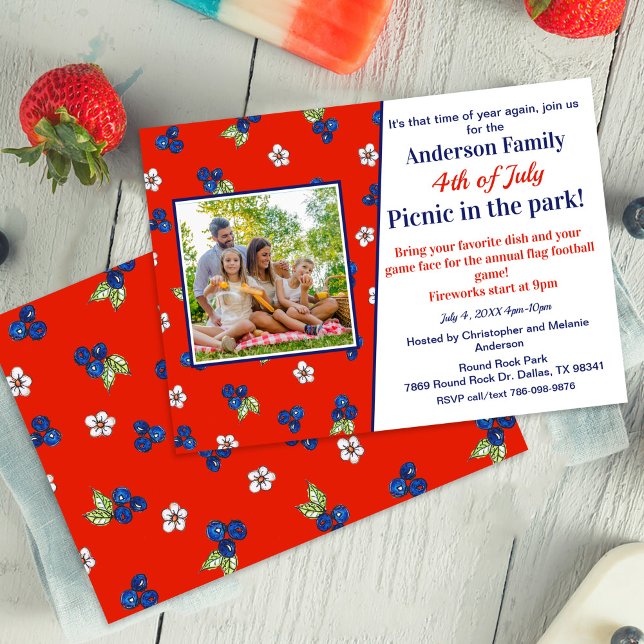 Red White Blue Blueberry Fourth of July Picnic Fun Invitation (Creator Uploaded)