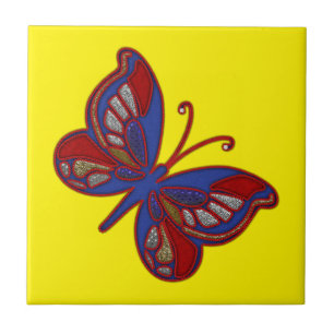 Red White Blue Butterfly-Yellow Ceramic Tile