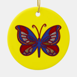 Red White Blue Butterfly-Yellow Round Ornament