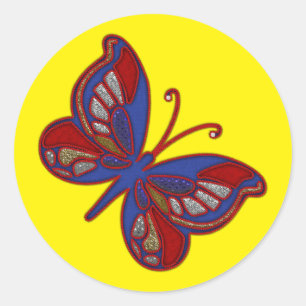 Red White Blue Butterfly-Yellow Round Stickers